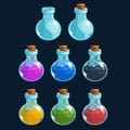 Cartoon bottles with poison in different colors, vector elements for game design.