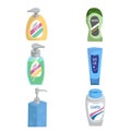 Cartoon bottles set. Shampoo and liquid soap with dispenser. Trendy stylized vector icons collection.