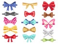 Cartoon bow accessories. Tied ribbons, bow-tie for lady and gentleman and gift wrapping ribbon bows vector set Royalty Free Stock Photo