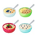 Cartoon bowl with porridge set. Oatmeal and cereal with berries, fruits, chocolate drops and nuts.