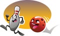 Cartoon bowling characters run with color background