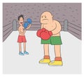 Cartoon boxing match, weak and strong boxer in the ring, vector illustration