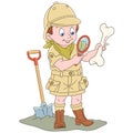 Cartoon archaeological explorer with fossil bone Royalty Free Stock Photo