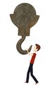 Cartoon boy on a big hook Royalty Free Stock Photo