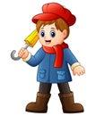 Cartoon boy in blue coat with umbrella Royalty Free Stock Photo