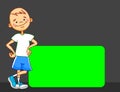 Cartoon boy character is leaning against the green screen panel. 2D, vector, illustration