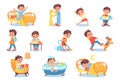 Cartoon boy character daily routine. Everyday activities. From morning to evening. Little child awakening and eating