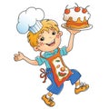 Cartoon boy chef with cake or pie. Little cook or scullion in apron and chef hat. Profession. Colorful vector illustration for