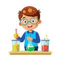 Cartoon boy conducting science experiment with beakers and liquid at the table, education concept Royalty Free Stock Photo