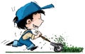 Cartoon boy cutting grass