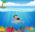 Cartoon boy diving in the sea with dolphin