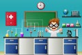 Cartoon boy doing chemical experiment in the laboratory