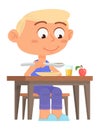 Cartoon boy eating. Cute kid sitting at dinner table