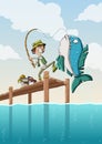 Cartoon boy fishing on wooden pier Royalty Free Stock Photo