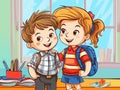 Cartoon Of A Boy And Girl With Backpacks In A Classroom - Cute boy and girl at school in front of a big blackboard