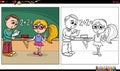 Cartoon boy and girl at blackboard coloring book page Royalty Free Stock Photo