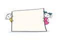 Cartoon boy and girl characters holding placard in hands. Banner sign design in doodle style.