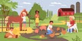 Cartoon boy girl child characters holding cute piggy, hugging dog, standing next to horse and feeding chickens with food Royalty Free Stock Photo