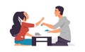 Cartoon boy and girl on date. Happy couple in cafe. People give food to try. Romantic scene. Boyfriend and girlfriend