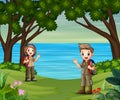 Cartoon boy and girl in explorer outfit on the nature Royalty Free Stock Photo