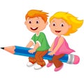 Cartoon Boy and girl flying on a pencil