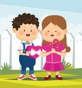 Cartoon boy and girl in love with chocolates box and flowers Royalty Free Stock Photo