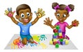 Cartoon Boy and Girl with Paint and Blocks