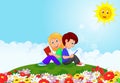 Cartoon Boy and girl reading book in the flower garden Royalty Free Stock Photo