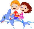 Cartoon Boy and girl riding a dolphin Royalty Free Stock Photo