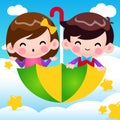 Cartoon Boy And Girl Riding Flying Umbrella In The Cloudy Sky , Vector Illustration