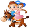 Cartoon boy and girl riding a horse Royalty Free Stock Photo