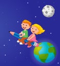 Cartoon Boy and girl riding a pencil leaving the earth Royalty Free Stock Photo