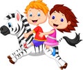 Cartoon Boy and girl riding a zebra