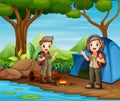 Cartoon boy and girl scouts at camp Royalty Free Stock Photo