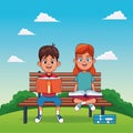 Cartoon boy and girl sitting on a park bench, colorful design Royalty Free Stock Photo