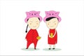 Cartoon boy and girl wearing red Chinese New Year dress. Concept flat style vector holidays illustration recommend.-EPS10