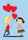 A cartoon boy gives a girl red heart balloons. The happy, sweet, funny girl folded her hands. Vector Royalty Free Stock Photo
