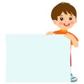 Cartoon boy holding empty blank board with space for text vector illustration. Royalty Free Stock Photo