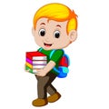 Cartoon boy holding a pile of books with backpack