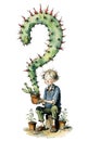 Cartoon boy holding thorny question shaped cactus plant