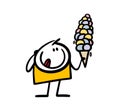 Cartoon boy holds a waffle cone and lots of ice cream balls. Vector illustration of a satisfied stickman and a sweet