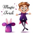 Cartoon boy illustration. Magic tric, rabbit , trick. Royalty Free Stock Photo