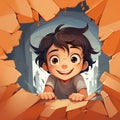 Cartoon boy looking out of a hole in the broken brick wall. Generative AI Royalty Free Stock Photo