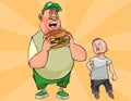 Cartoon fat man eating a big burger Royalty Free Stock Photo