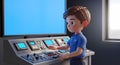 cartoon boy operating a complex control panel with multiple screens and buttons, set in a modern, futuristic control room environm Royalty Free Stock Photo