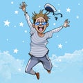 Cartoon boy in a peakless cap joyfully jumping against the sky