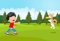 Cartoon boy playing Frisbee with his dog Royalty Free Stock Photo