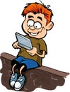Cartoon of boy playing a hand held computer gamer Royalty Free Stock Photo