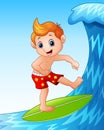 Cartoon boy playing surfboard with big waves Royalty Free Stock Photo