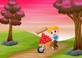 Cartoon boy pushing a pile of hearts in wood trolley on a road Royalty Free Stock Photo